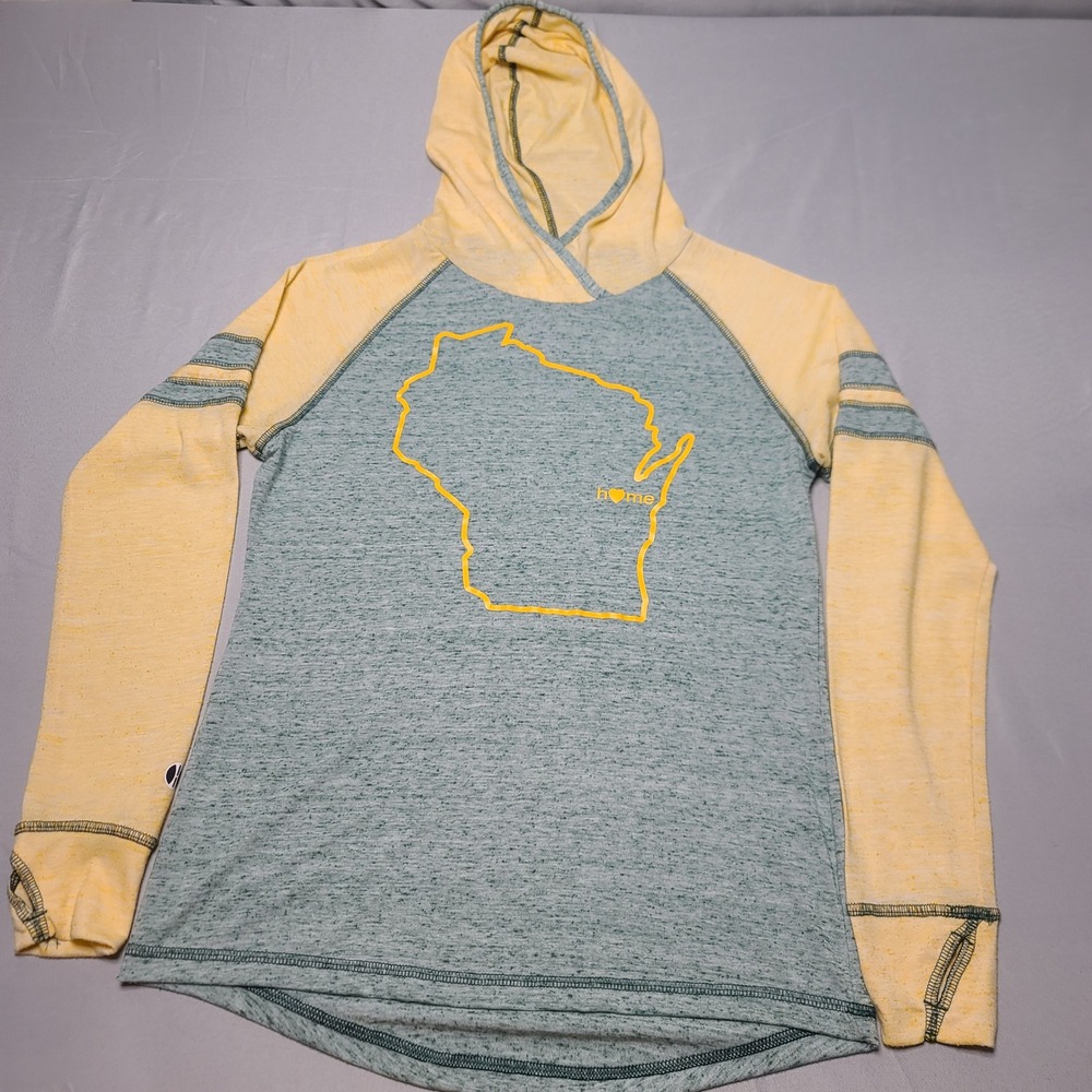 Holloway Hoodie‎ Women Medium Green Yellow Wisconsin Home Raglan Sleeve Stripes